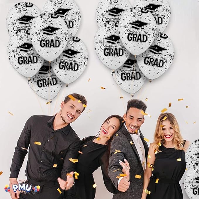 PMU White Graduation Balloons Class of 2025 with All-Over Print White Grad Caps-Confetti and Streamers | Graduation Party Supplies | Congratulations Grad Latex Balloons Latex