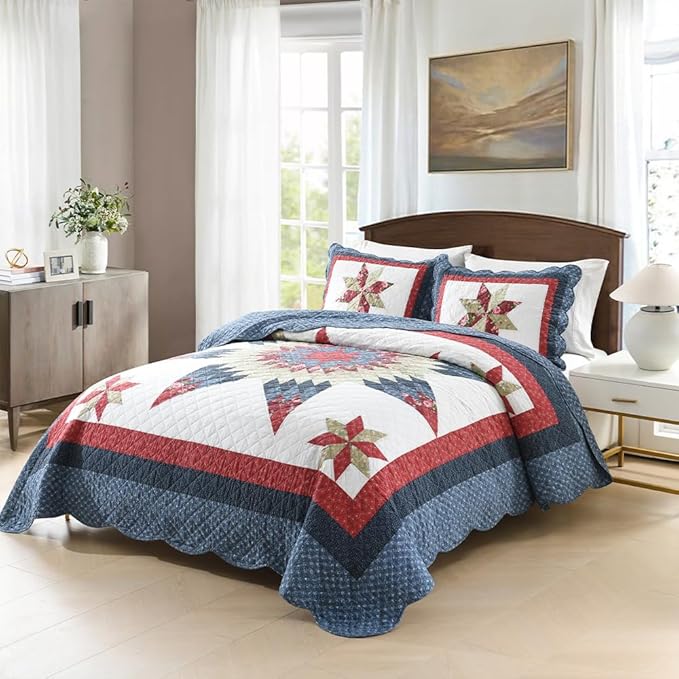 Cotton Bedspread Quilt Bedding Sets 3 Pieces Reversible Coverlets Real Patchwork Star Red Blue Bedspread, King Size
