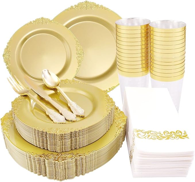 Morejoy 175PCS Solid Gold Plastic Plates with Gold Rim，gold disposable dinnerware sets Include 25 Dinner Plates,25 Dessert Plates,25 Cutlery Sets,25 Napkins Perfect for Party & Christmas