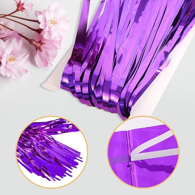 Purple Foil Fringe Curtains 50 Pack 3.2ft x 8.2ft Fringe Backdrop Curtains Metallic Tinsel Streamer Photo Backdrop for Birthday Party Decorations Halloween Christmas Party Supply (Purple)