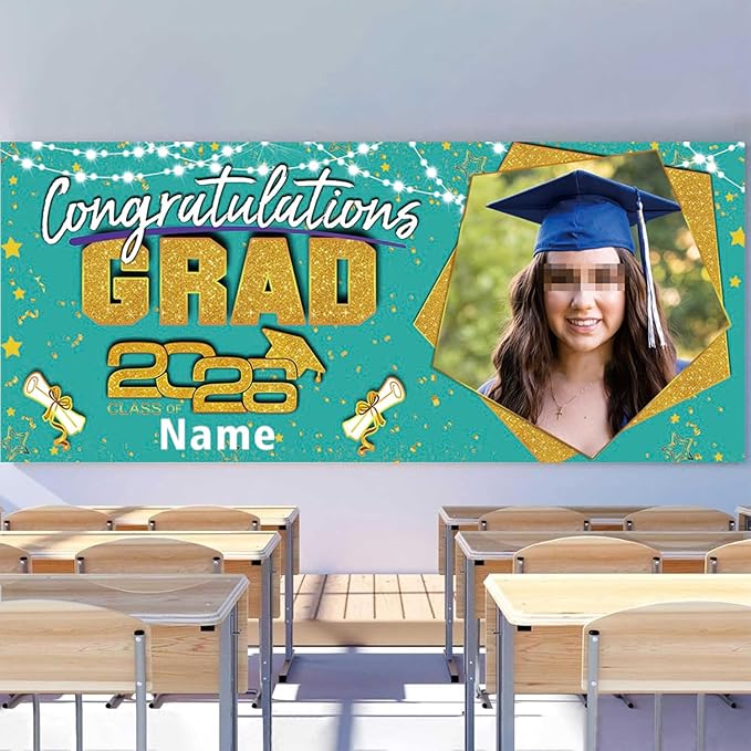Custom Garaduation Garage Door Banner Cover 16 x 7 ft Class of 2026 Congrats Grad Party Backdrop Personalized Graduation Decoration(Peacock Blue and Gold)