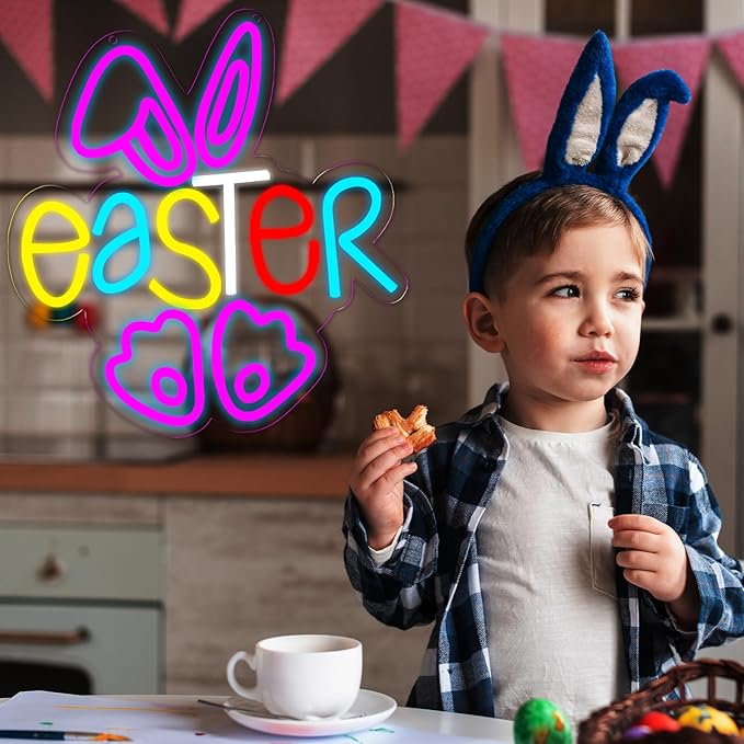 Easter Rabbit Neon Sign for Wall Decor,Dimmable USB Powered Neon Lights for Children's Room Decoration, Easter Gifts, Birthday Parties Gift 12.2 * 12.9Inch