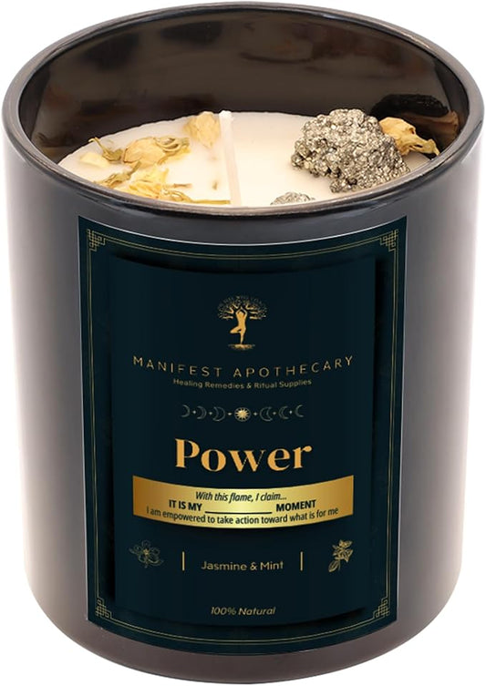 Power Aromatherapy Candle – Jasmine & Mint Scent with Pyrite Crystals – Hand-Poured Soy Candle for Confidence, Courage & Energy Alignment by Manifest Apothecary- Green (Power)