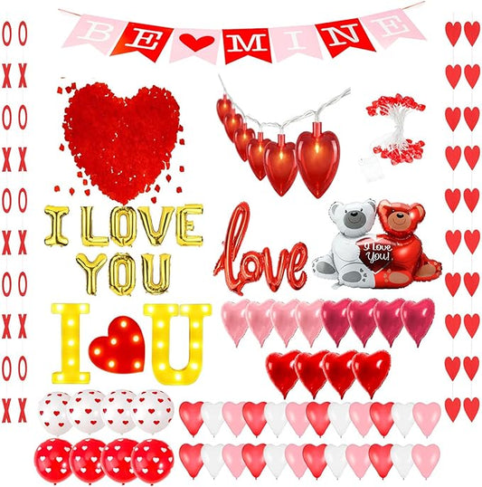 Auihiay Valentines Day Decorations Kit - 236 Inch Hearts LED String Lights, 2000 Rose Petals, XO Heart Garland, I LOVE YOU Light Board & Heart Foil Balloons for Valentine Proposal Wedding Anniversary
