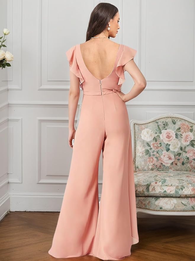 Chiffon Mother of The Bride Jumpsuits for Women Asymmetrical Pant Suits Flutter Sleeve V Neck Formal Evening Outfits