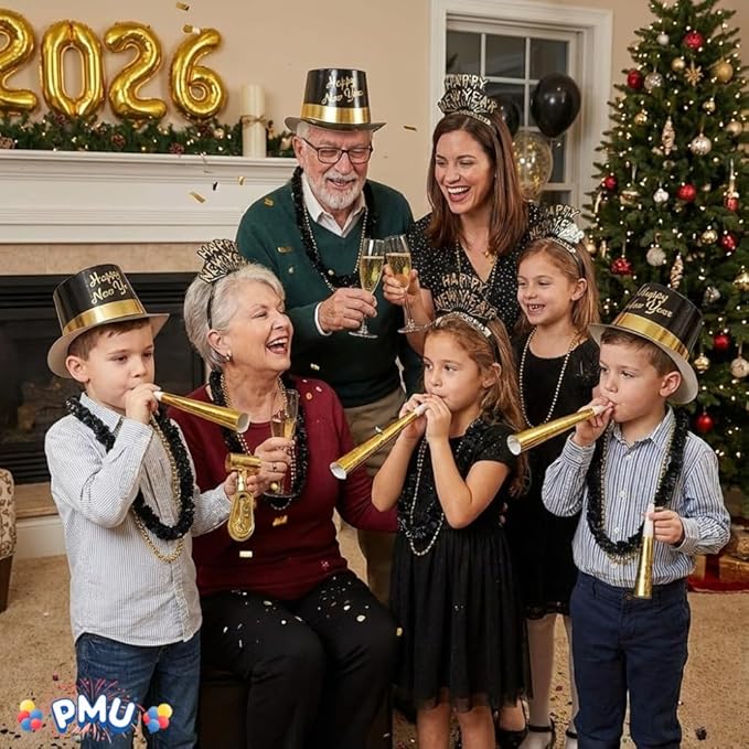 PMU New Year's Eve Party Supplies New Year's Eve Decorations Supplies, 2026 Gold Legend Illusion Party Kit Assortment for 25 Persons - Outfits for Adults, Men and Women (25/psn) Pkg/1