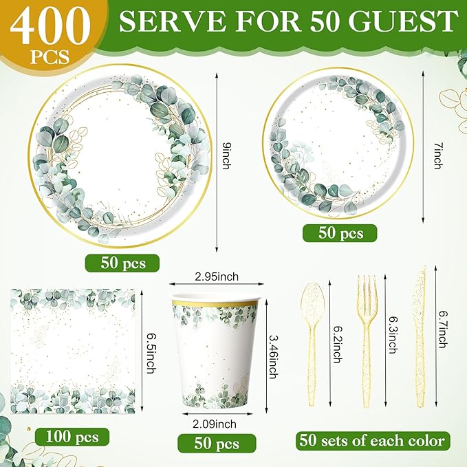 400 Pcs Sage Green Color Party Supplies Serve 50 Guests Eucalyptus Flowers Disposable Paper Plates Napkins and Cups for Bridal Baby Shower Birthday Wedding Party Decorations(Classic)