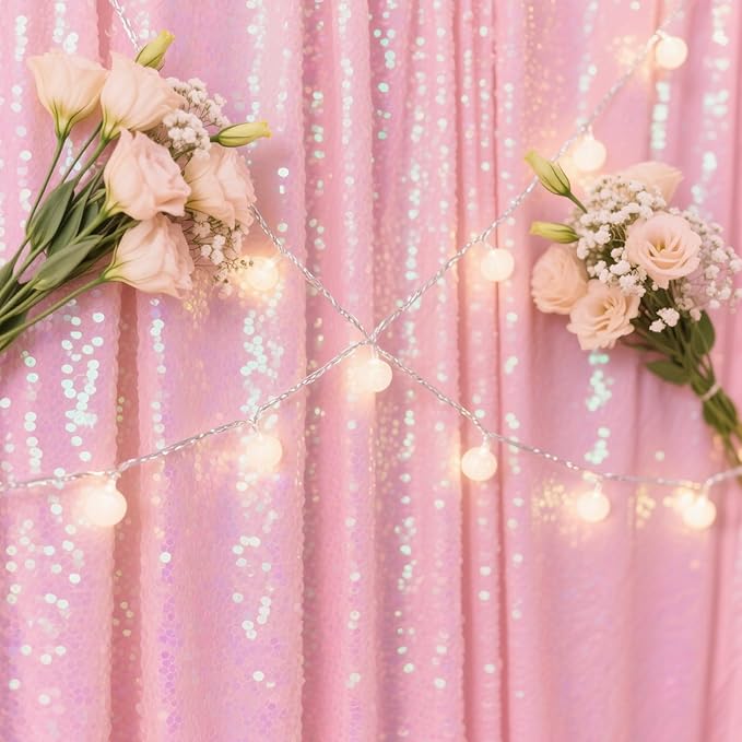 Pink Sequin Backdrop Curtain - 4PCS (2FTx8FT) Glitter Photo Background for Wedding, Christmas, Party, Baby Shower & Stage Decorations (Pink, 2x8ft 4 Panels)