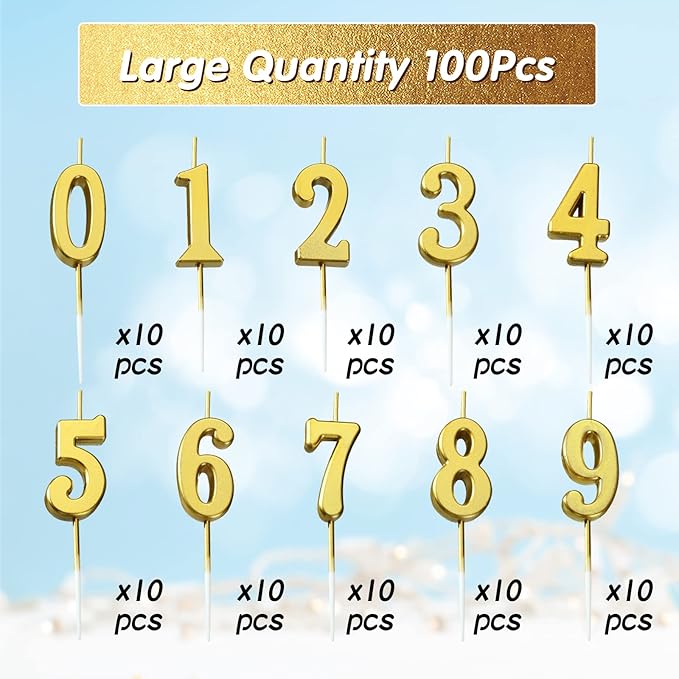 Treela 100 Pieces Number Birthday Candles Bulk, 3.94 Inch Gold Numeral 0-9 Candles for Birthday Cakes, Glitter Cake Topper Decoration for Wedding Anniversary Celebration and Party