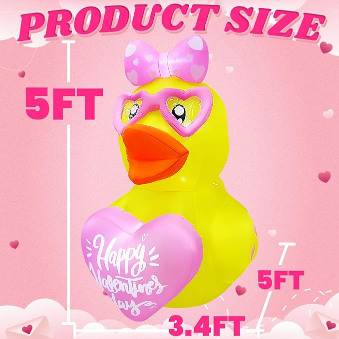 5FT Valentines Day Inflatables Duck with Heart Decoration, LED Blow Up Lighted Decor Indoor Outdoor Holiday Art Decor Romantic Gift for Anniversary Wedding Party