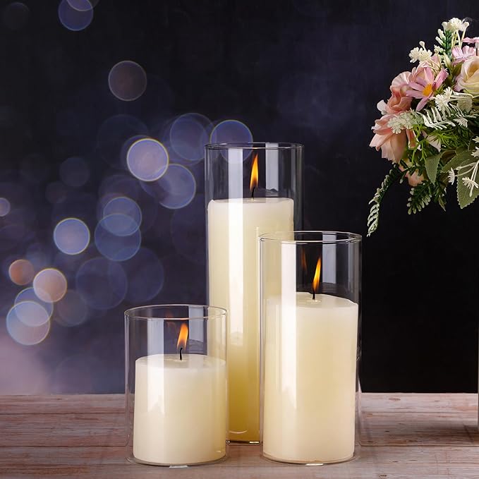 Shihanee Set of 36 Pillar Candles and Glass Cylinder Vases Clear Cylinder Holders for Slim Pillar Candles Wedding Centerpieces(3.4'' X 4.7", 7", 9.8",Ivory White)
