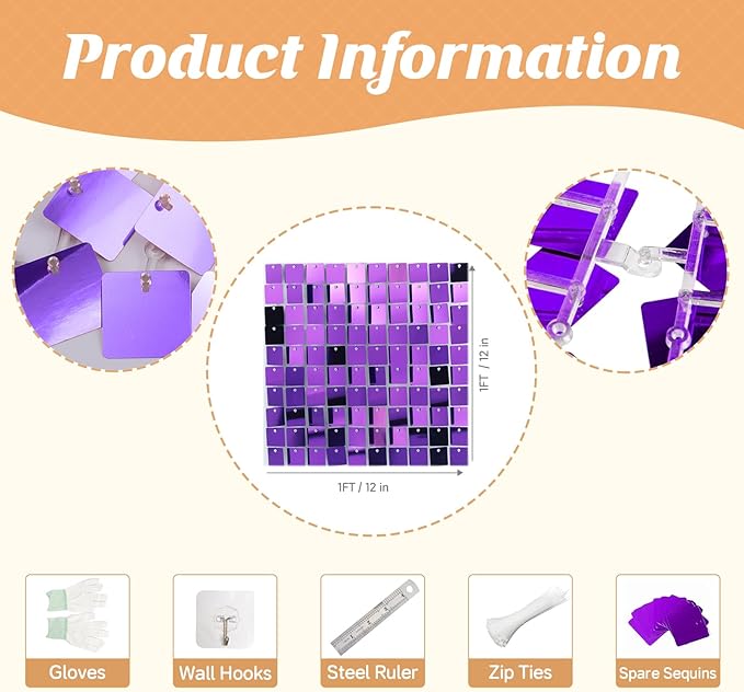 Purple Shimmer Wall Backdrop,Shiny Sequins,24PCS Sequins Backdrop Decoration Panels, Glitter Bling Photo Background Decorations for Birthday Party Wedding Engagement Anniversary Graduation