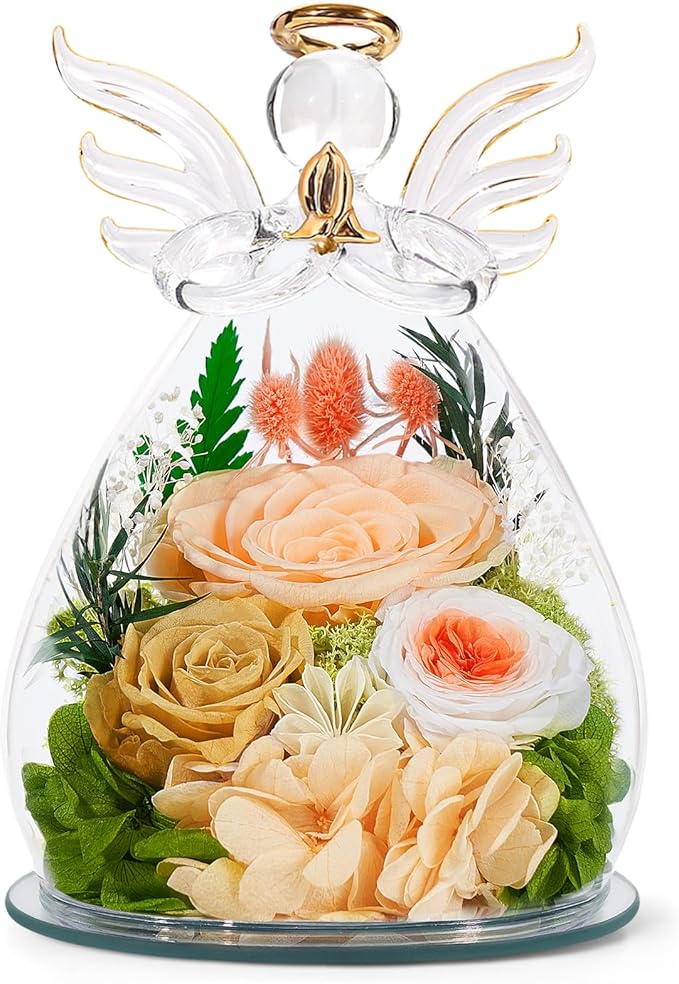Gifts for Women Valentines Day Flowers for Delivery Birthday Gifts for Mom Grandma Preserved Rose Forever Flower in Glass Angel Figurines Bouquet Anniversary for Wife Sister Mother Friends
