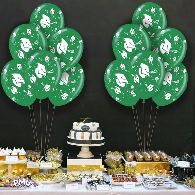 PMU 100 Pcs Emerald Green Graduation Balloons Class of 2025 with All-Over Print White Grad Caps-Confetti and Streamers | Graduation Party Supplies | Congratulations Grad Latex Balloons Latex