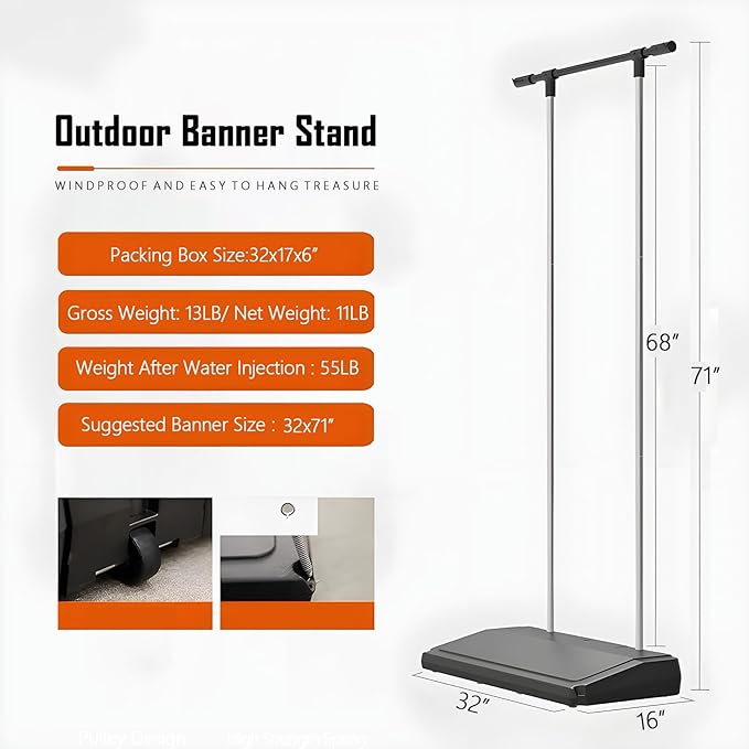 Outdoor Windproof Heavy Duty Water-Injection Banner Stand,Vertical Sign Holder,Standing Up Poster Stand For Tradeshow,Store Business advertising Wedding Restaurant,Conferences 32x71inch(Stand Only )