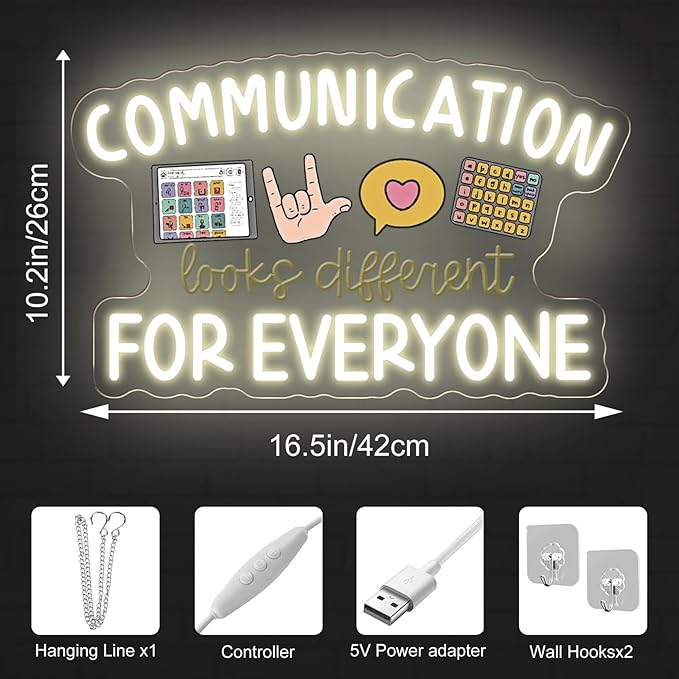 Communication Looks Different For Everyone Neon Sign, Speech Therapy LED Light, Welcome to Speech Room Sign,Therapy Classroom, 16.5"x10.4"