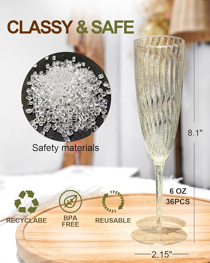 Plastic Champagne Flutes, 36 PCS Gold Glitter Disposable Wine Glasses Reusable Plastic Cocktail Cups for Home Daily Life Party Birthday Wedding Toasting Drinking Champagne(6 oz)