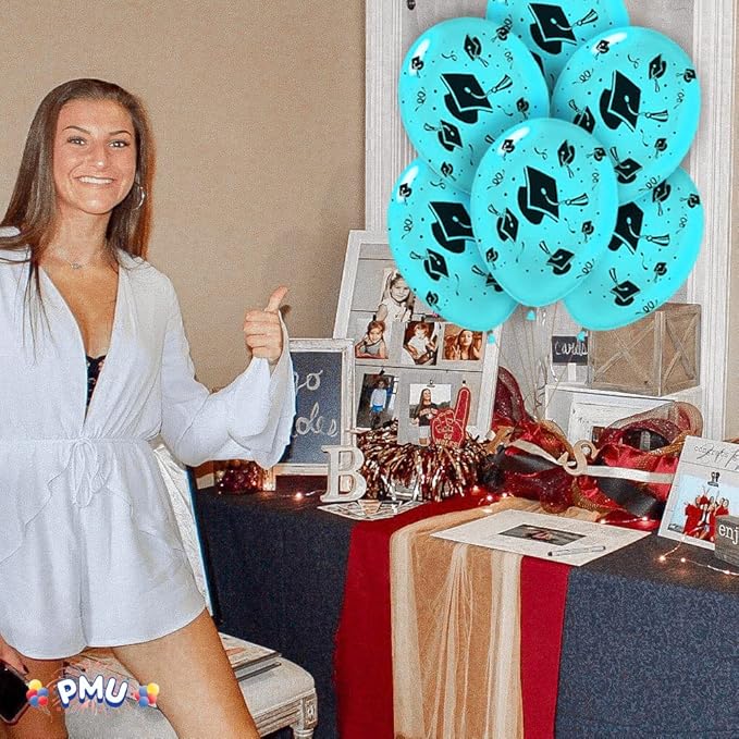 PMU 100 Pcs Turquoise Graduation Balloons Class of 2025 with All-Over Print White Grad Caps-Confetti and Streamers | Graduation Party Supplies | Congratulations Grad Latex Balloons Latex