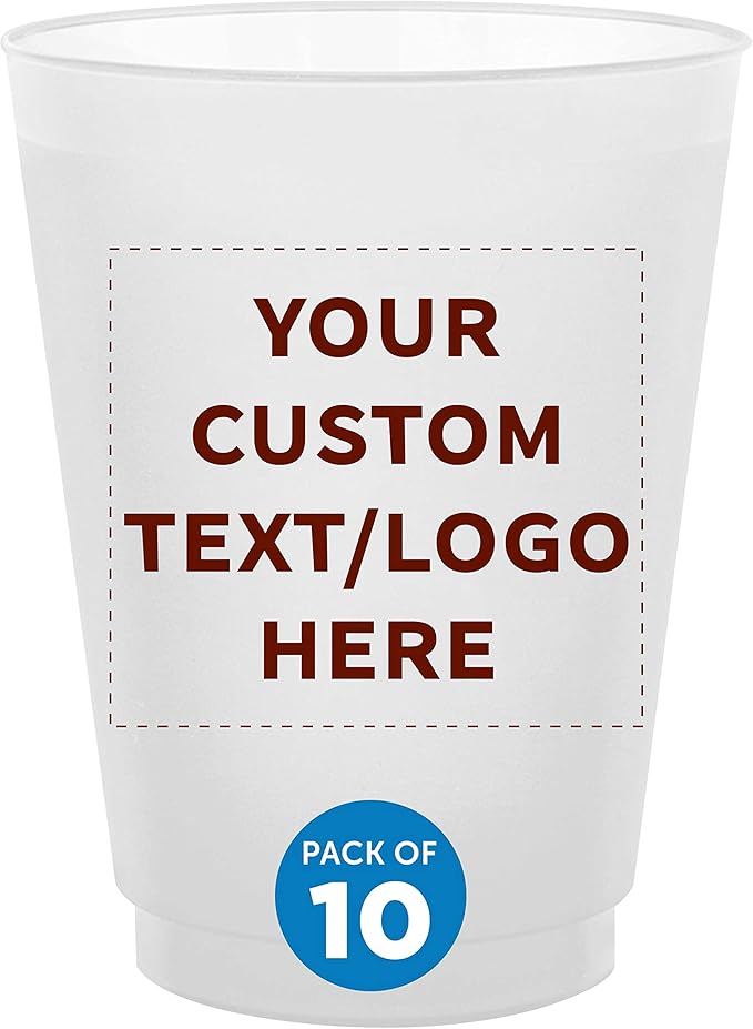 DISCOUNT PROMOS Custom Frosted Plastic Stadium Cups, 10 pack, Promotional Text, Logo, 16 oz. Shatterproof Flexible Reusable Party Cups, Natural