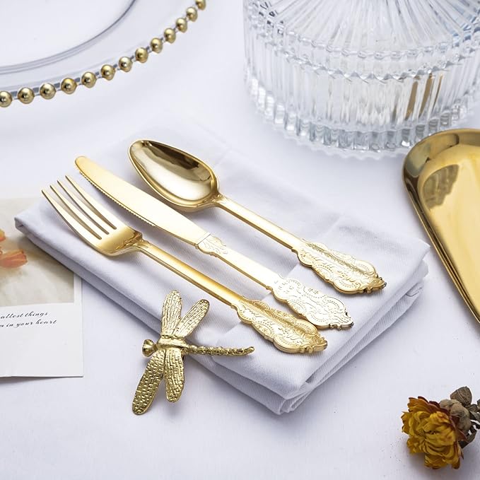 bUCLA 600 Pieces Gold Plastic Silverware - Plastic Gold Utensils - Heavyweight Disposable Cutlery - 200 Forks, 200 Spoons, 200 Knives for Party & Wedding