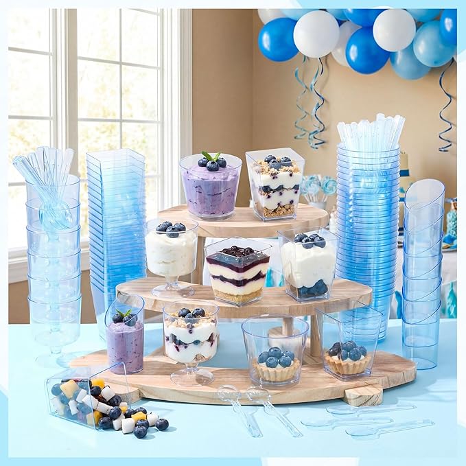 300 Pack Clear Blue Mini Dessert Cups with Spoons 5oz 3oz Plastic Square Slanted Parfait Appetizer Shooter Round Goblet for Dessert Table Birthday Party Ice Cream Pudding Mousse Yogurt