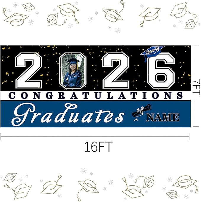 Custom Graduation Garage Door Banner Decoration 7x16ft with Photo Congrats Garage Door Cover 2026 Party Photo Booth Backdrop Party Supplies(Blue)