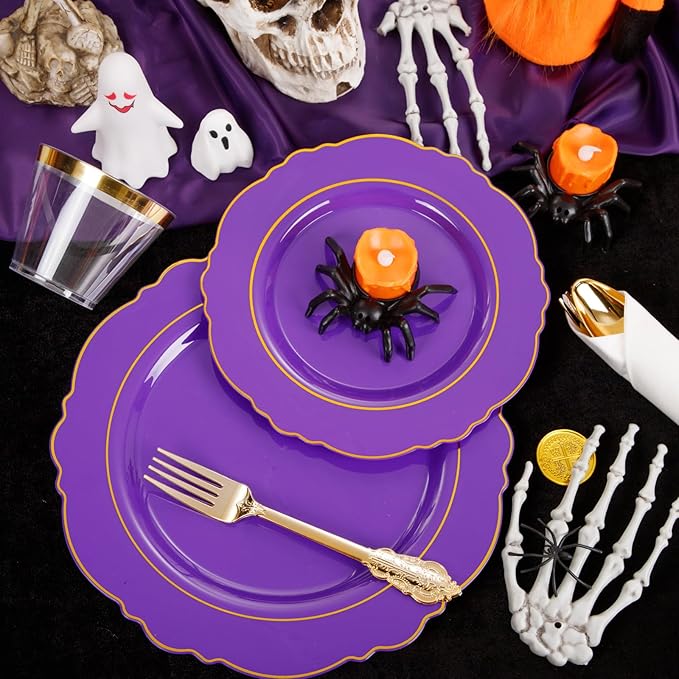 Liacere 175PCS Purple Plastic Plates-Disposable Purple and Gold - 25 guest Baroque Plastic Dinnerware include 50Plates,25Pack Pre Rolled Napkins with Silverware 25Cups for Wedding