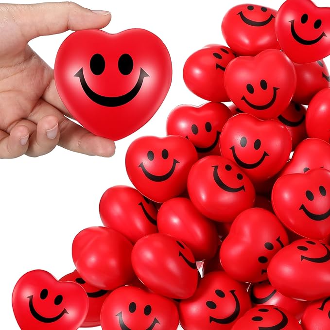 Zubebe 48 Pcs 2.76'' Valentine's Day Heart Stress Balls Heart Shaped Smile Face Ball Stress Relief Balls Valentines Day Gifts for Staff Kids Adults Party Favors School Reward (Red)