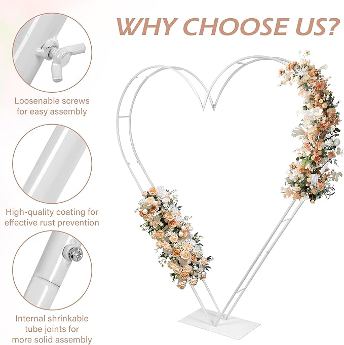 7FT Metal Heart Arch Double Heart Shaped Balloon Stand Wedding Arch for Proposal Ceremony Valentine's Day Birthday Party Baby Shower Decoration (White)