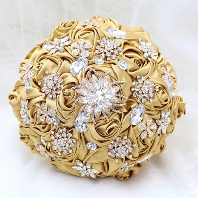 Gold Wedding Bouquet Handmade with Luxury Brooch Bling Rhinestone for Bride Bridesmaid Quinceanera Bouquet Satin Rose Flower Bouquet Wedding Gold 9.8in
