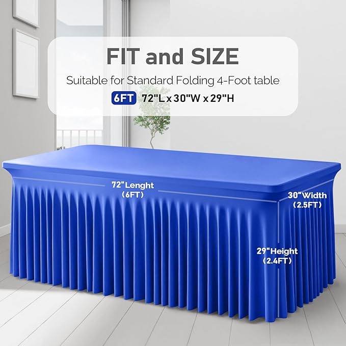 6 Packs Royal Blue Table Clothes for 6 Foot Rectangle Tables, One-Piece Wrinkle Resistant Stretch Spandex Table Covers with Skirt for Event Banquet Wedding Birthday Party