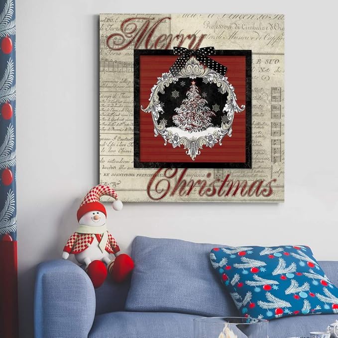 Renditions Gallery Merry Christmas Tree Wall Art, Cute Winter Decor, Antique Sheet Music Paper Design, Snowflakes, Premium Gallery Wrapped Canvas, Ready to Hang, 32 in H x 32 in W, Made in America