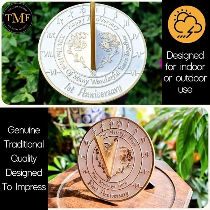 The Metal Foundry Personalized 1st Large Sundial - Recycled Solid Brass UK Manufactured Home Decor Or Garden Present Idea for Parents, Friends Or Couple's First Year of Marriage