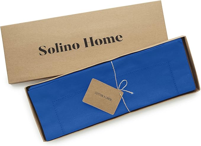 Solino Home Blue Placemats Set of 4 - Cotton Linen Hemstitch Placemats 14 x 19 Inch