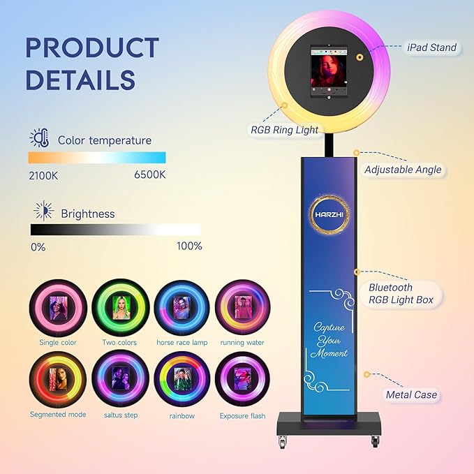 HARZHI Portable Photo Booth Compatible with Ipad, Photo Booth Shell Stand Stand Provide Chacktok Photo Booth Software for Party and Wedding, Free Custom Logo, Flight Case (Large lightbox+Black)