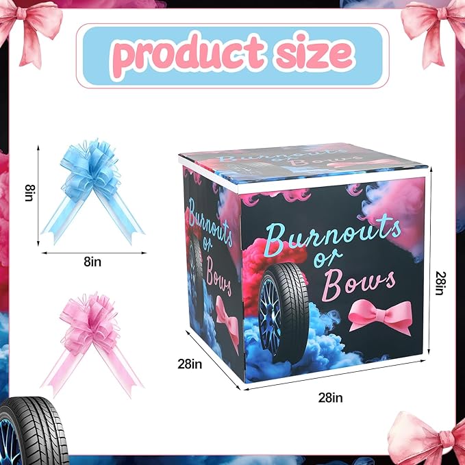 AmazingSpark 28in Jumbo Gender Reveal Gift Box Kit with Oversized Box Giant Pull Bows for Gender Reveal Baby Shower Birthday Party Decor(Burnouts or Bows)