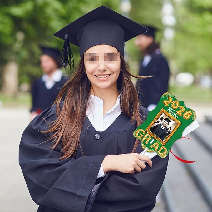 Personalized Graduation Double Sided Face Fan Class of 2026 Customized Graduation Head Face Cutout with Handle Fun Photo Prop Supplies(A-Green and Gold,12pcs)