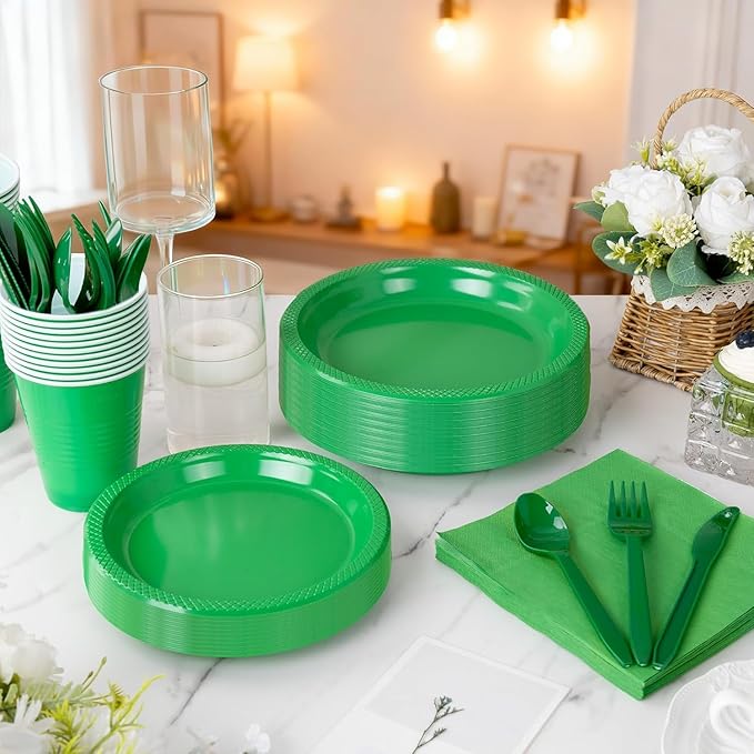 MirthMood 350pcs Green Plastic Plates, green Plates Set, Including Green Disposable Plates and Napkins, Plastic Cutlery and 12OZ Cups, Serve 50 Guests for Party & Wedding