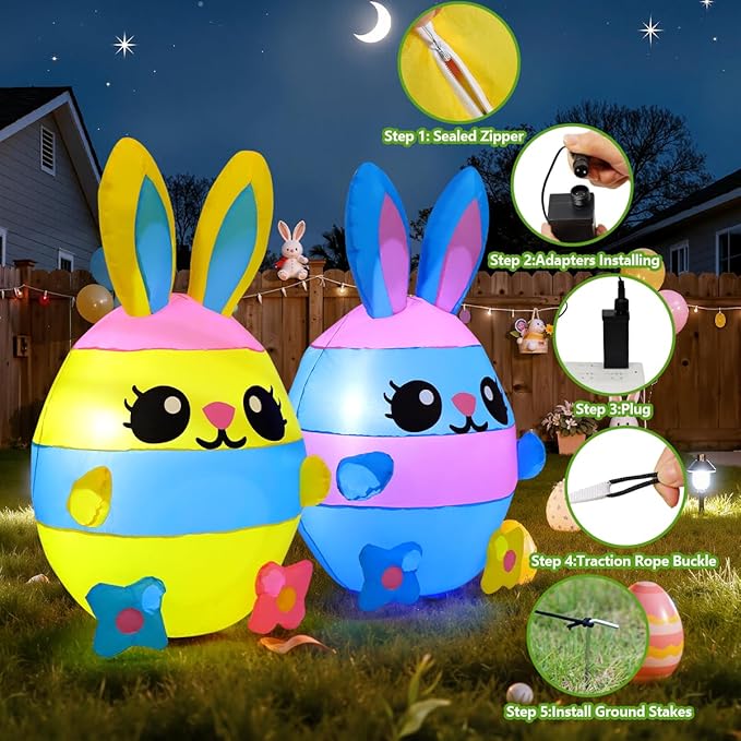 COMIN Easter Inflatables Outdoor Decorations, 4.1 FT Long Inflatables Rabbit Eggs, Built in LED Lights Easter Blow Up Yard Decorations for Indoor Outdoor Party Garden Lawn Holiday Decor