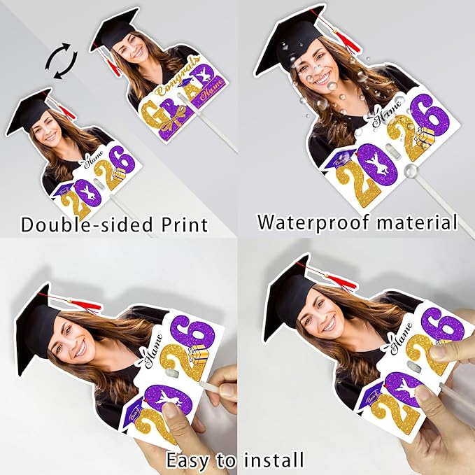 Personalized Graduation Face Fan 2026 Grade Custom Double Sided Face Cutout Fan with Handle Photo Booth Prop Party Supplies(B-Purple and Gold,12pcs)