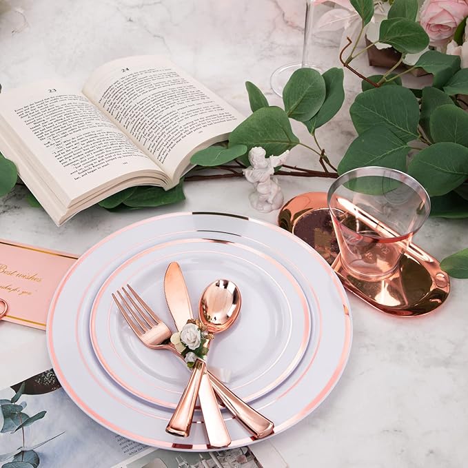 WELLIFE 350 Pieces Rose Gold Plastic Dinnerware, 50 Guests Disposable Plates with Rose Gold silverware and Cups, 50 Pre Rolled Napkins with Cutlery, Perfect for Wedding and Party