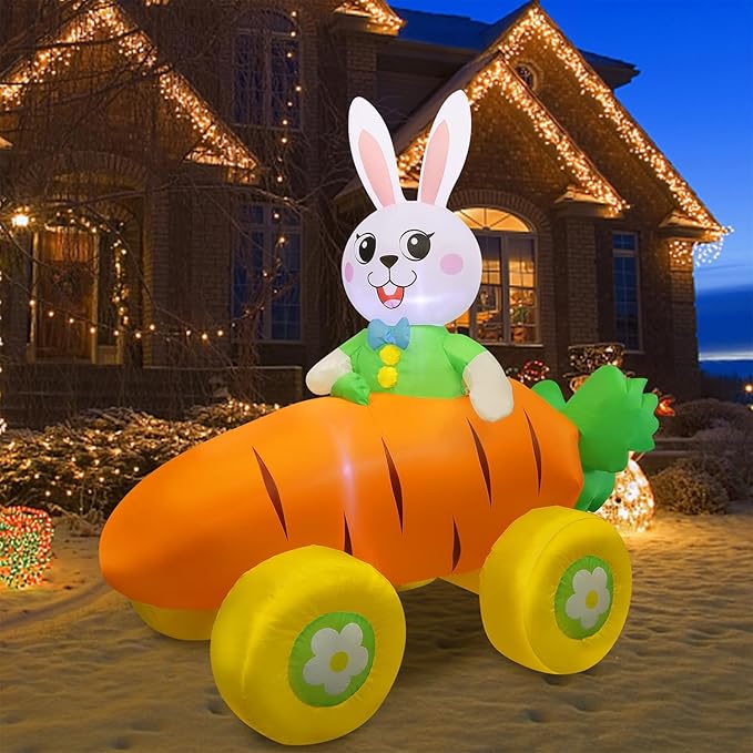 Juegoal Easter Bunny Radish Car Inflatables Yard Decorations, 5 x 4.5 FT Lighted Blow Cute Rabbit on Carrot Car with LED Lights, Indoor Outdoor Easter Holiday Party Decor, Light Up for Lawn Garden