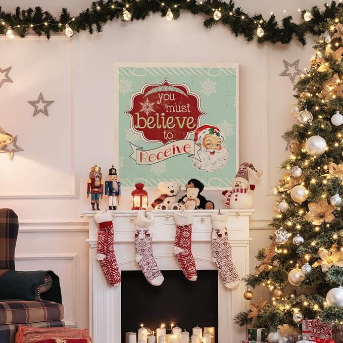 Renditions Gallery You Must Believe to Receive Santa Wall Art, Christmas & Winter Artwork, Holiday Decor, Red & White, Premium Gallery Wrapped Canvas, Ready to Hang, 40 in H x 40 in W, Made in America