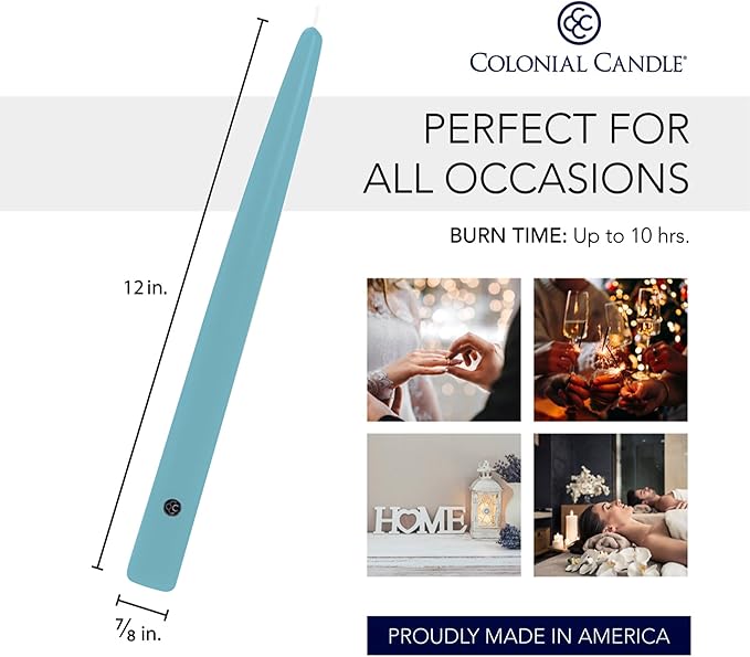 Colonial Candle Unscented Taper Candle, Handipt Collection, Coastal Blue, 12 in, Pack of 12 - Up to 10 Hours Burn