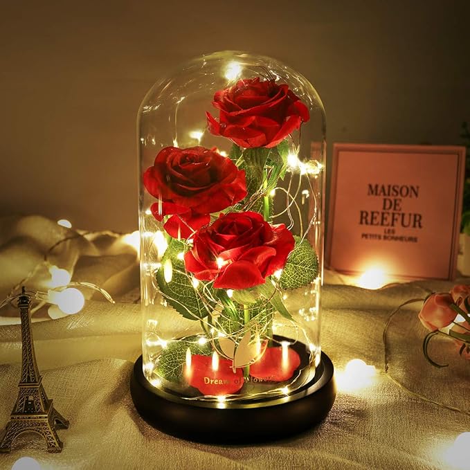 Beauty and The Beast Rose, Classic Red Rose with LED Lights and Falling Petals, Gifts for Women, Birthday Gifts for Women, Light Up Rose in Glass Dome, Valentine's Day Gifts for her