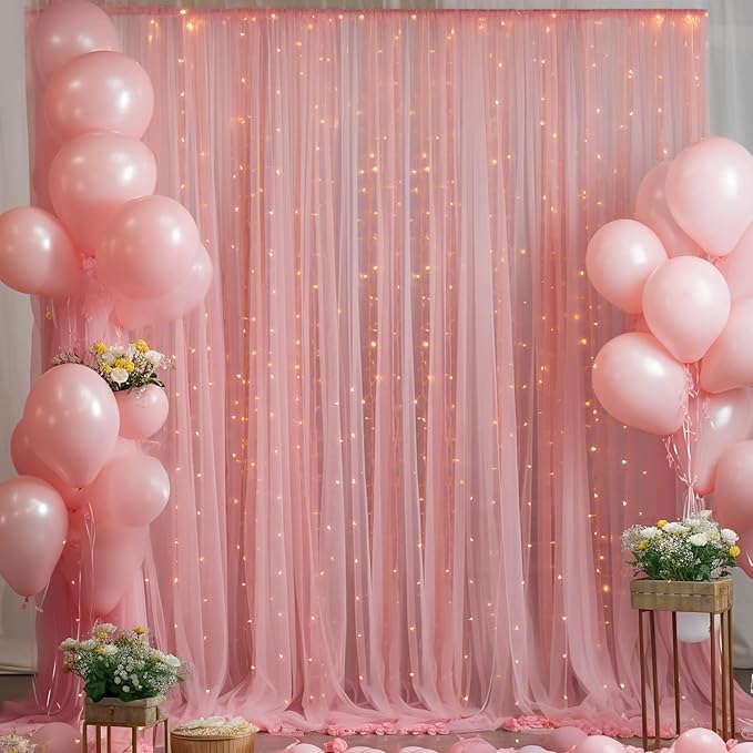 30x8ft Dusty Rose Tulle Backdrop Curtain with Lights String for Parites, Sheer Photo Backdrop Curtains with Lights for Wedding Backdrop Ceremony Reception Bridal Shower Baby Shower Birthday Party