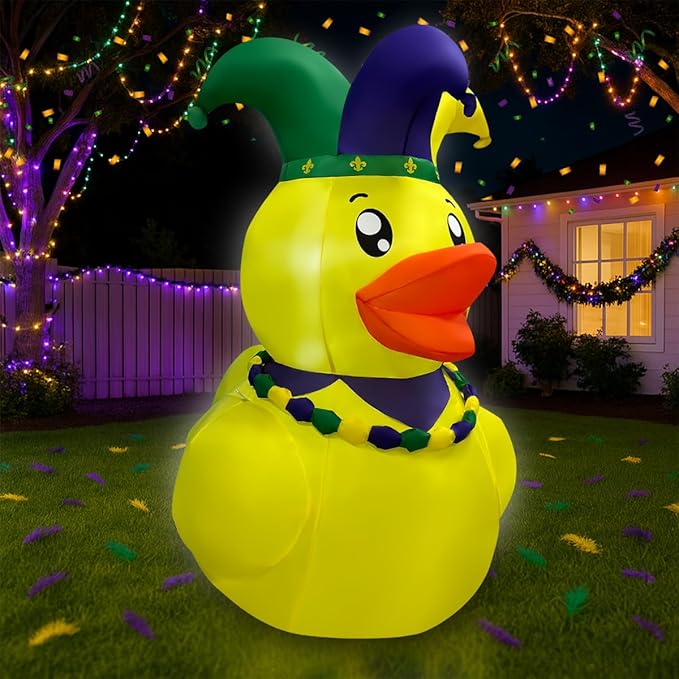 5FT Mardi Gras Duck Inflatable Yard Decorations, Mardi gras Decorations Outdoor with LED Lights, Carnival Duck Blow Up for Lawn and Garden