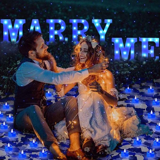 Hortsun Marry Me Light up Letters Proposal Decorations Will You Marry Me Sign Rose Petals 24 LED Candles Romantic Night Light for Proposal Engagement Wedding Anniversary Valentine's Day(Blue)