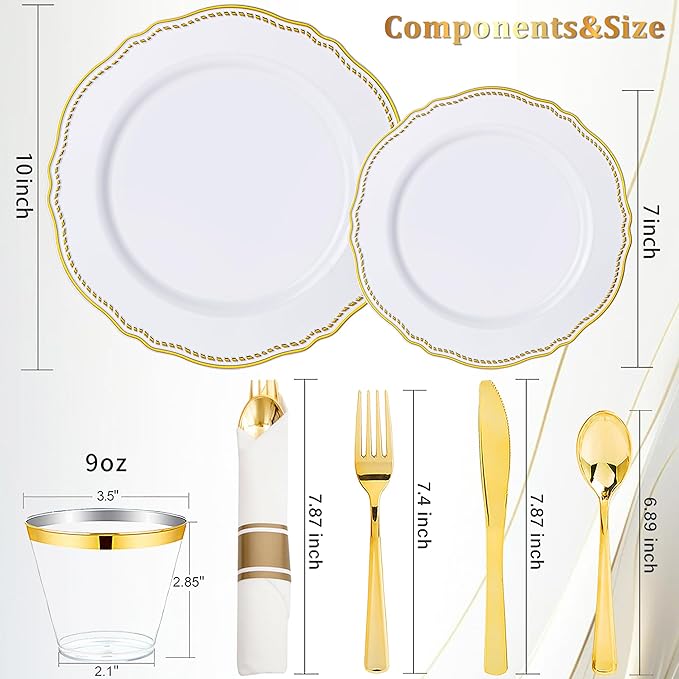 Hioasis 350pcs White and Gold Plastic Plates - Gold Plastic Dinnerware Set Includes 50 Dinner Plates, 50 Dessert Dinnerware, 50 Cups, 50 Rolled Napkin Cutlery Perfect for Wedding & Party