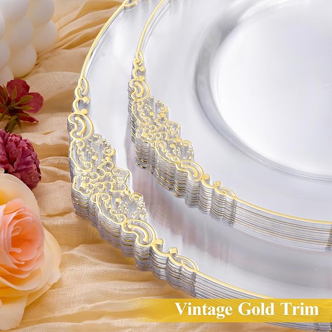 100 PCS Clear and Gold Plastic Plates for 50 Guests, Clear Disposable Plates Include 50 PCS Dinner Plates, 50 PCS Dessert Plates for Party, Wedding and Graduation